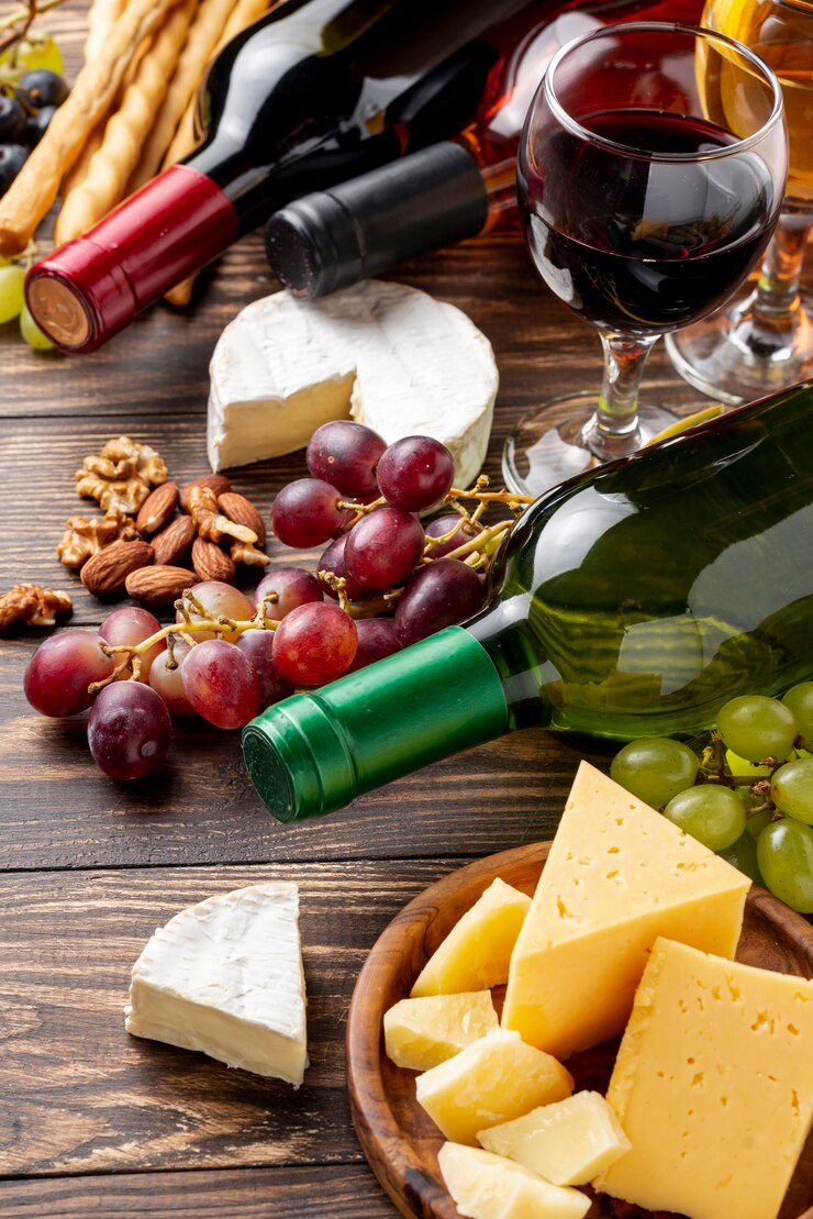 vinho orgânico close up e queijo na mesa
